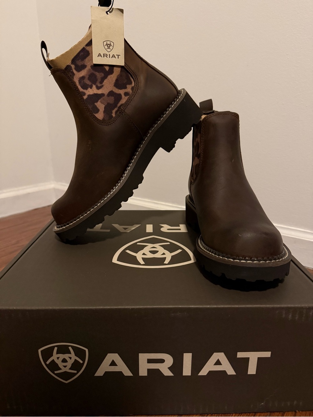 Ariat Brown Leather Chelsea Boots with Leopard Stretch Panels